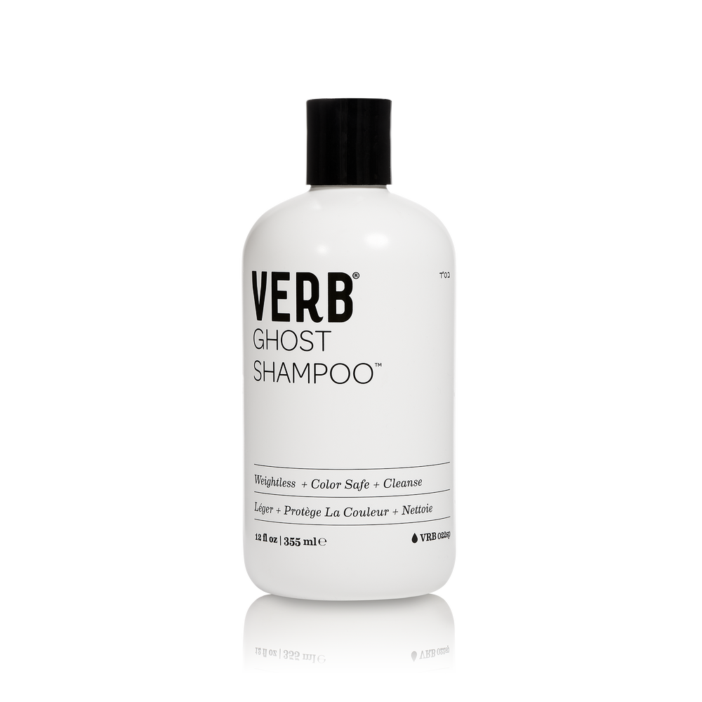 "Verb Ghost Shampoo bottle with sleek design, showcasing its lightweight, hydrating formula for fine hair."