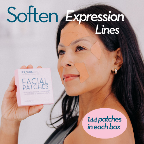 Woman using Frownies Facial Patches to soften expression lines