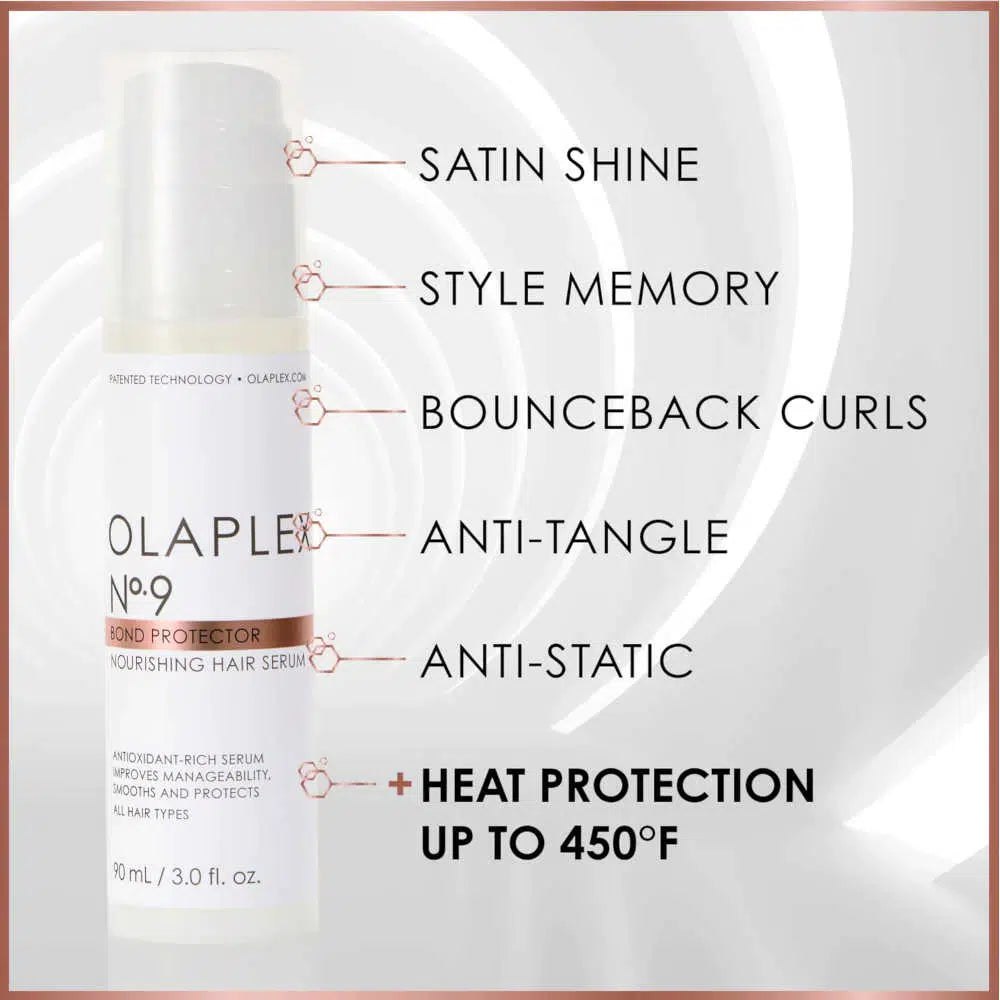A bottle of Olaplex No. 9 Bond Protector Nourishing Hair Serum.