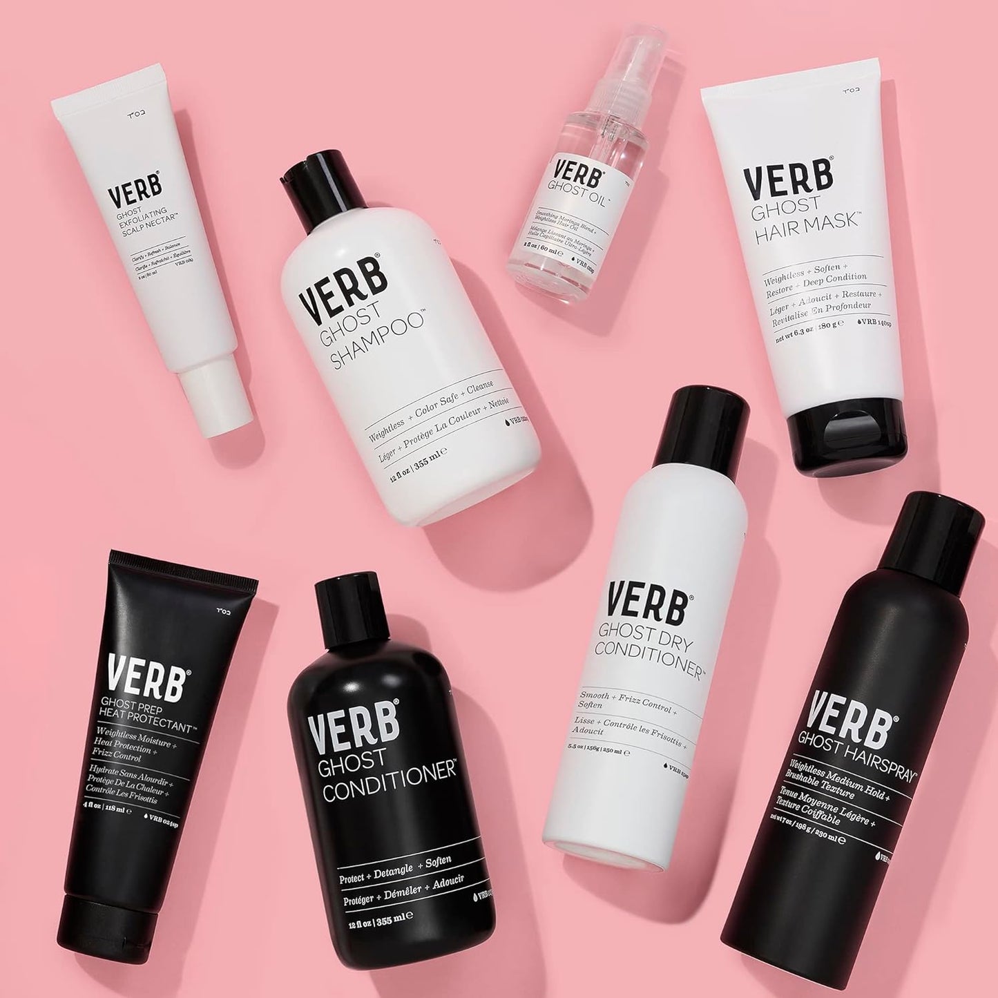 "Verb Ghost Dry Oil bottle with a lightweight conditioning formula for smooth, shiny hair."