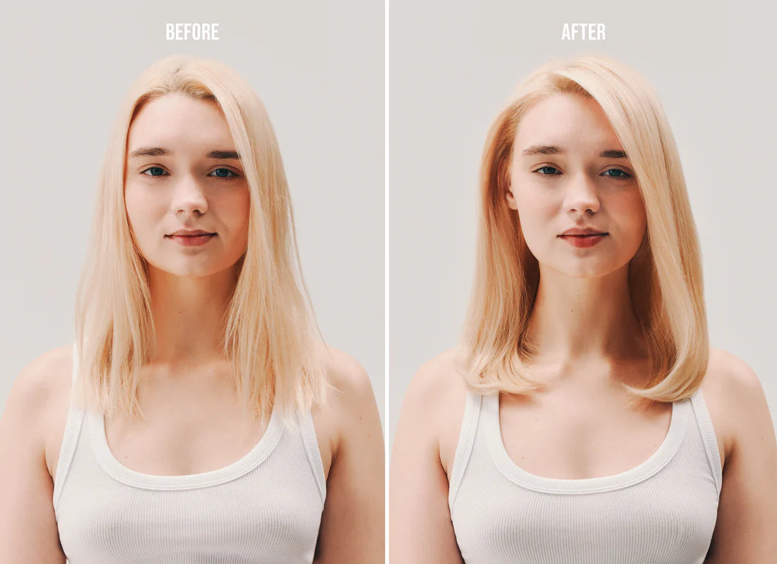 Before and after results with AG Care Foam Volumizer for thin hair