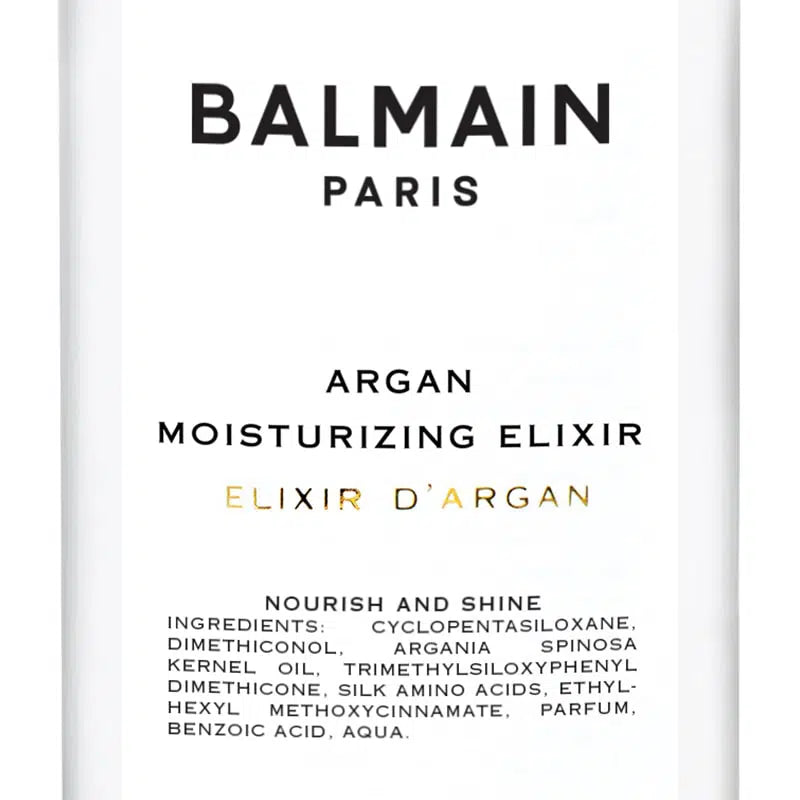 A close up of the label and ingredients of Balmain Argan Oil