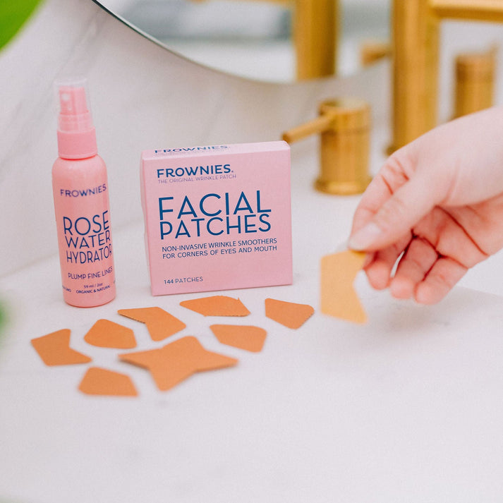 Frownies Facial Patches for corner of eyes and mouth shown with application steps