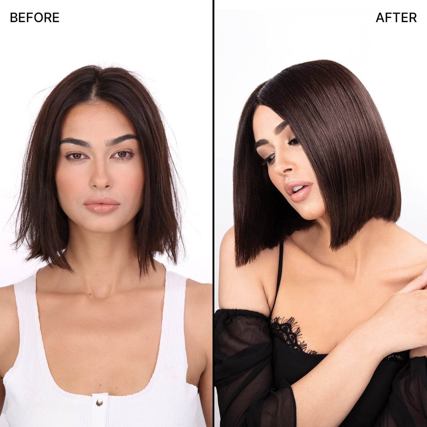 Model’s sleek, frizz-free hair after using Color Wow Dream Coat, known for its heat-activated humidity protection