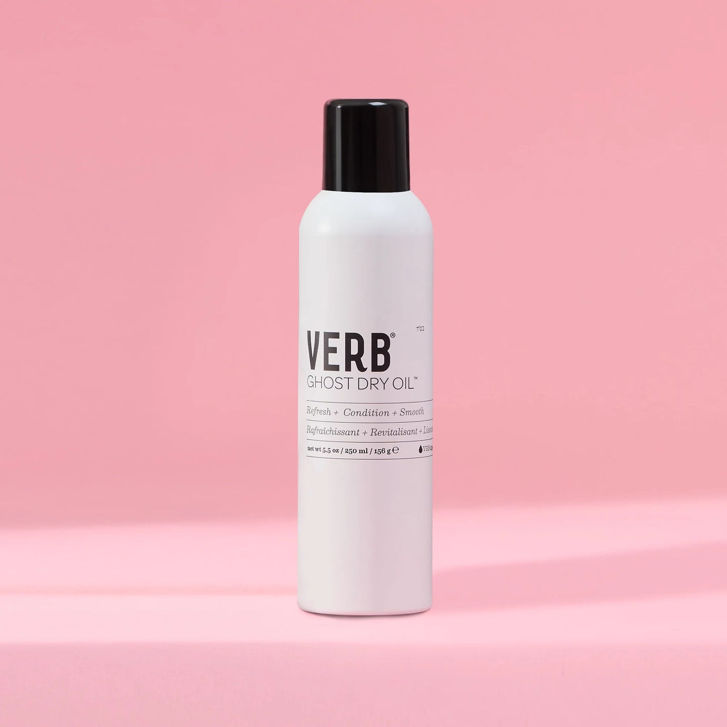 "Verb Ghost Dry Oil bottle with a lightweight conditioning formula for smooth, shiny hair."