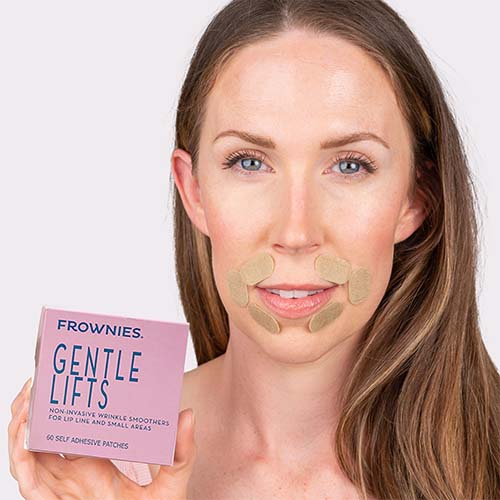 Woman holding Frownies Gentle Lifts box with visible results
