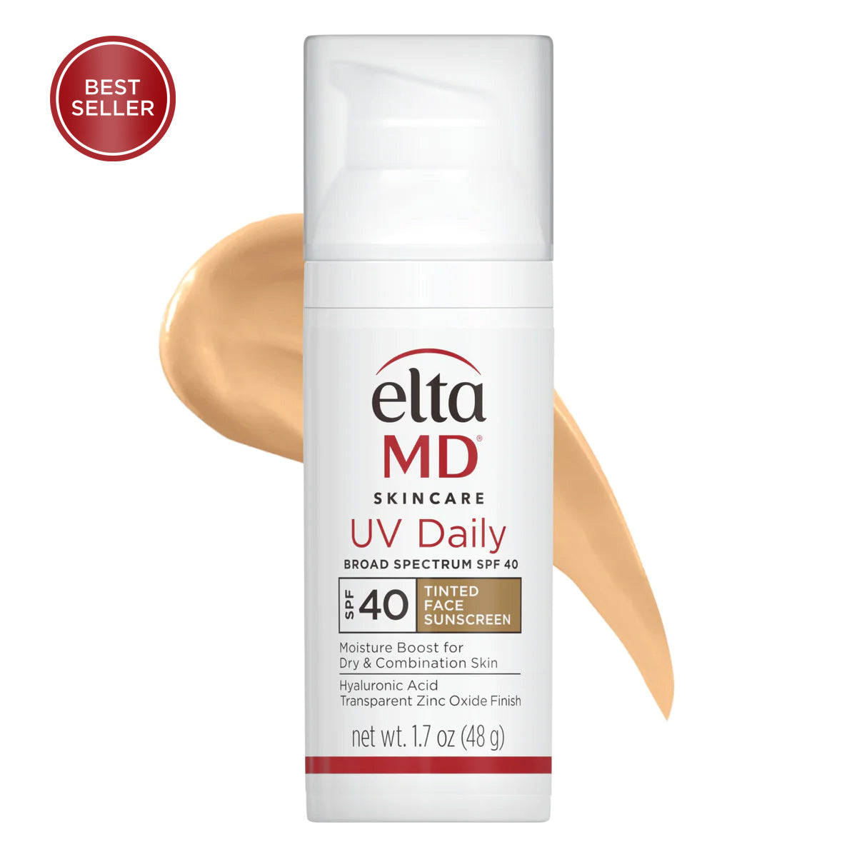A pump bottle of Elta MD UV Daily Tinted Broad-Spectrum SPF 45 sunscreen with a swatch of the tinted sunscreen color.