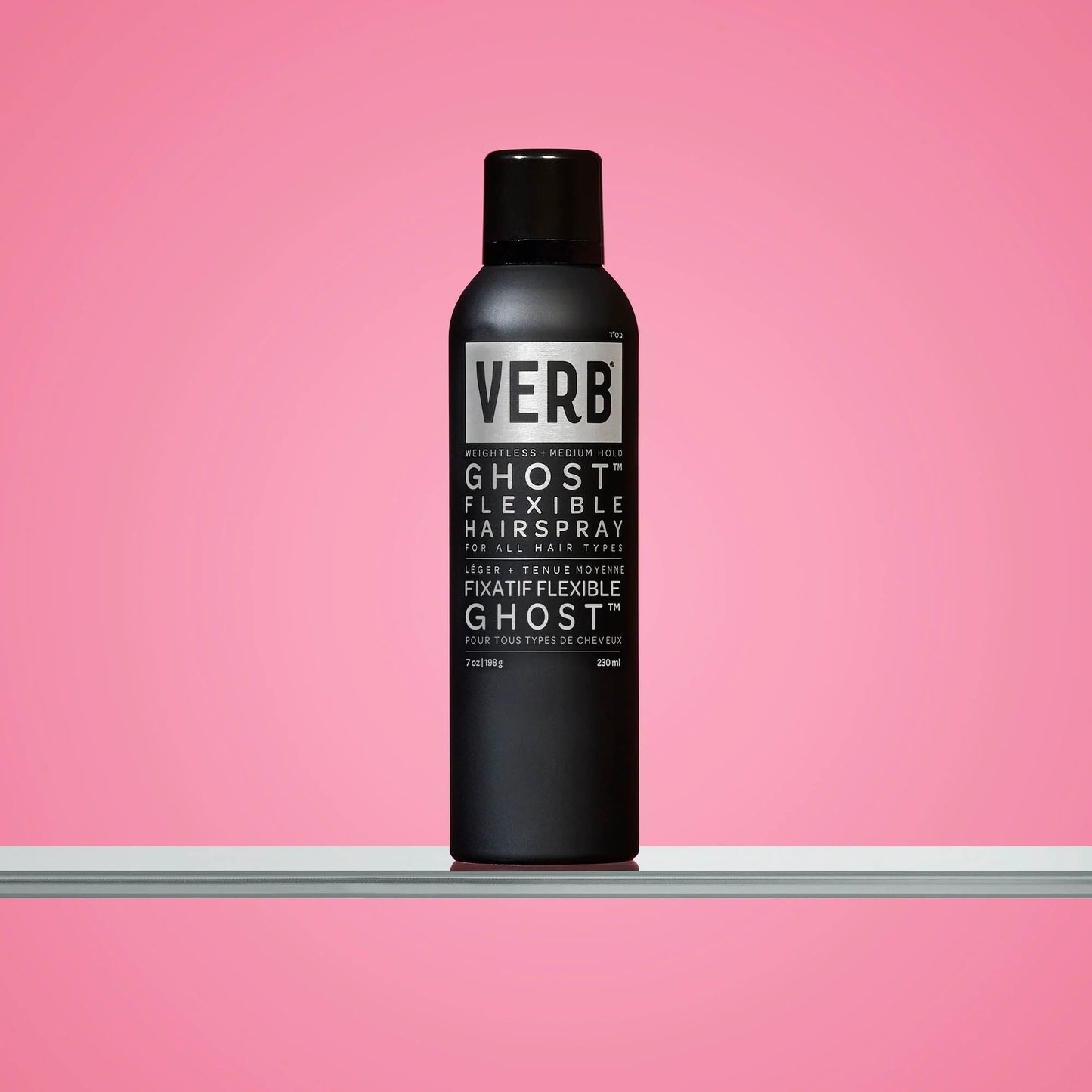 Verb Ghost Flexible Hairspray in a stylish bottle with moringa oil and antioxidants to protect hair from damage.