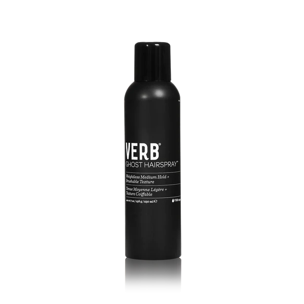 "Verb Ghost Hairspray bottle with a medium hold formula infused with moringa oil for frizz control and shine."