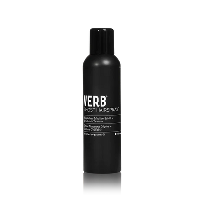 "Verb Ghost Hairspray bottle with a medium hold formula infused with moringa oil for frizz control and shine."