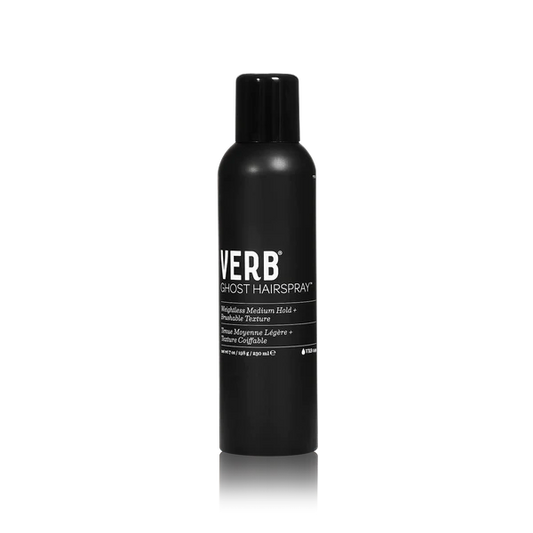 "Verb Ghost Hairspray bottle with a medium hold formula infused with moringa oil for frizz control and shine."