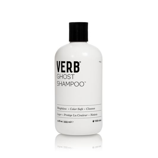 "Verb Ghost Shampoo bottle with sleek design, showcasing its lightweight, hydrating formula for fine hair."