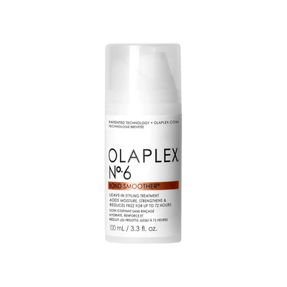A bottle of Olaplex No. 6 Bond Smoother, which is a hair care product designed to smooth and condition hair.