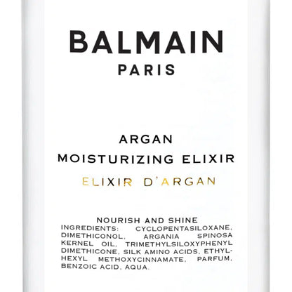 A close up of the label and ingredients of Balmain Argan Oil