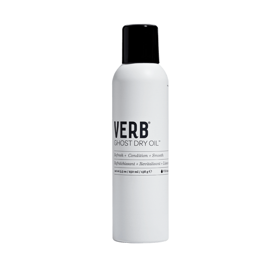 "Verb Ghost Dry Oil bottle with a lightweight conditioning formula for smooth, shiny hair."