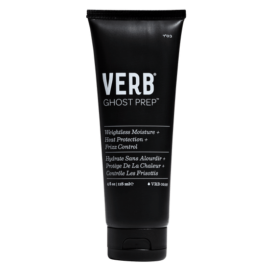  "Verb Ghost Prep Heat Protectant, a lightweight formula for moisture and shine, infused with moringa oil."