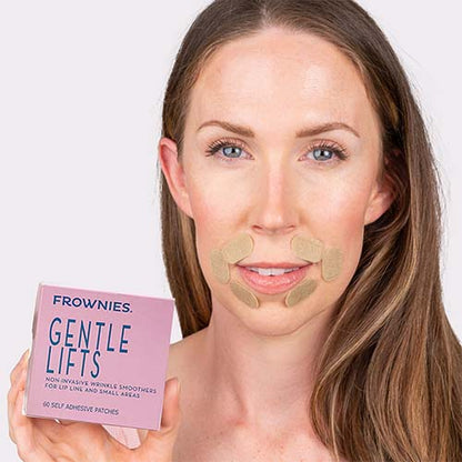 Woman holding Frownies Gentle Lifts box with visible results