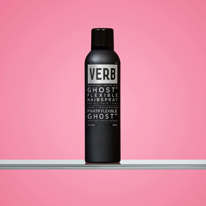 Verb Ghost Flexible Hairspray in a stylish bottle with moringa oil and antioxidants to protect hair from damage.